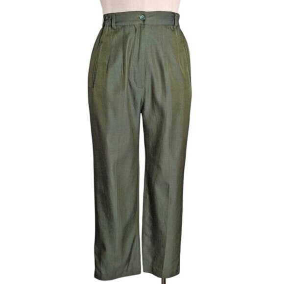 Vintage C. C Silk Green 100% Silk Pants Trousers High Waist Pockets Small - Picture 1 of 1